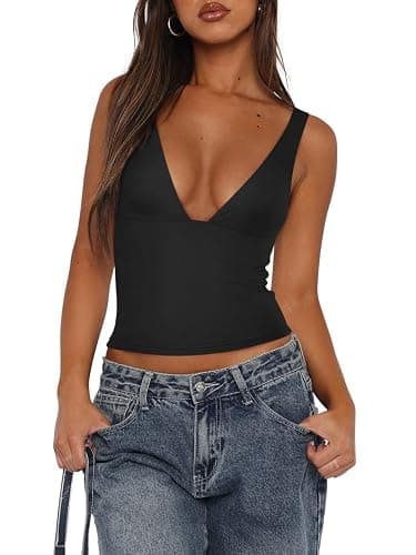 REORIA Women's Sexy Plunge Deep V Neck Sleeveless V Backless Tank Top Workout Yoga Crop Tops thumbnail 4
