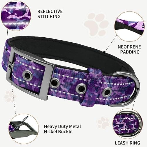 Kazazoo Heavy Duty Tactical Dog Collar Nylon Adjustable Reflective Dog Collar Soft Neoprene Padded for Small&Medium Dog, Purple Camo M thumbnail 2