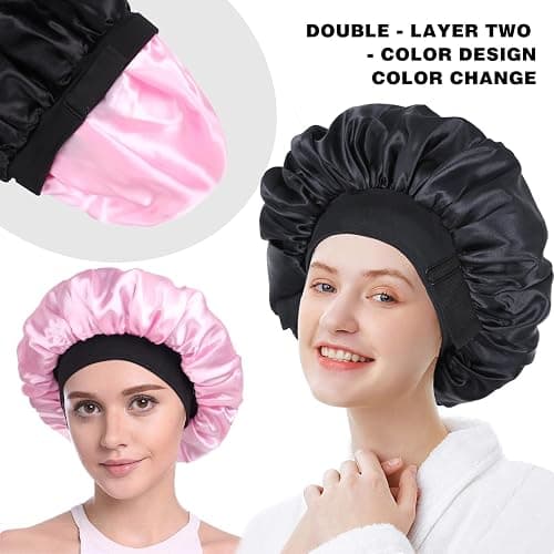 Silk Bonnet for Sleeping Double Layer Satin Bonnet Adjustable Bonnets for Black Women Sleep Cap Reversible Hair Bonnet for Curly Hair Shower Caps(Black and Pink) thumbnail 5