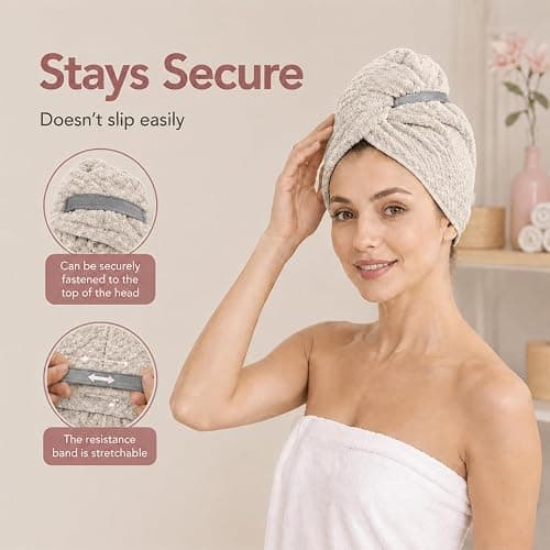 Admygo Microfibre Hair Towel, Super Absorbent Hair Towel Wrap with Elastic Straps for Women Adults, Soft Hair Turban Towel for Long Thick Curly Wet Hair, Khaki thumbnail 7