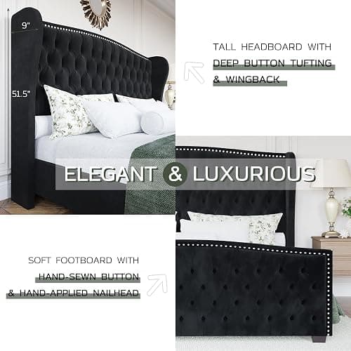 Jocisland Queen Platform Bed Frame with Wingback Headboard, Velvet Upholstered Bed Frame with Handmade Button Tufted & Nailhead, Wooden Slats Support, Black thumbnail 3