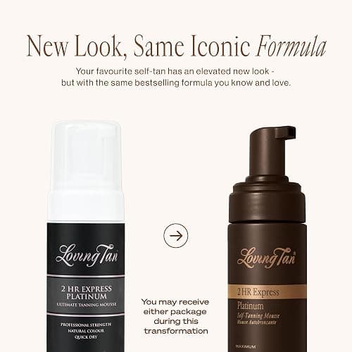 Loving Tan Platinum 2HR Express Self Tanning Mousse, Darkest Shade Yet -Streak Free, Professional Quality Sunless Tanner -5+ Applications per Bottle, Naturally Derived DHA, 4 Fl Oz -Packaging May Vary thumbnail 2