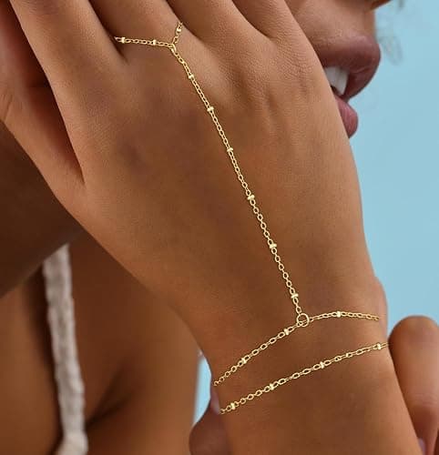 Tituthia Gold Bracelets for Women Trendy, Dainty Gold Hand Chain Bracelet Stack 14k Gold Plated Finger Ring Bracelet Hand Chain Cz Layered Beaded Gold Bracelets for Women Non Tarnish Gold Jewelry Gift thumbnail 3