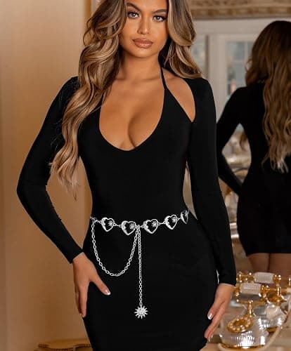 Liutufy Waist Chain Belts for Women Metal Link Moon Star Body Chain Belt Ladies Waist Chain Belt for Jeans Dress thumbnail 2
