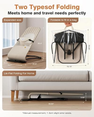 Feeplas Baby Bouncer, Bouncer Seat for Babies 0-12 Months, Ergonomic Rocking Chair with Detachable Hanging Bar, 3-Height Adjustments, Foldable & Portable Infant Rocker, Machine Washable Fabric, Beige thumbnail 8