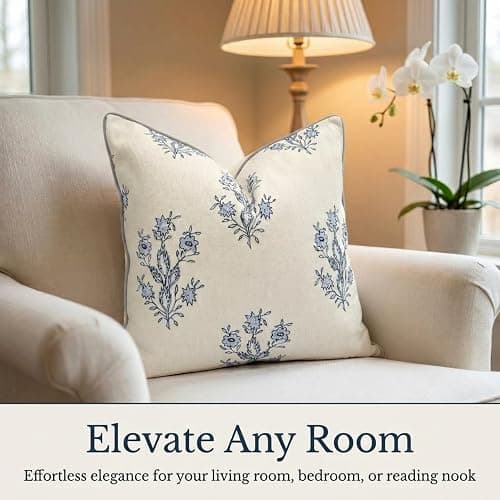 Jillien Harbor “The Mary” Blue and White Decorative Throw Pillow Cover – Floral Block Print Pillow Cover – Grandmillennial Home Decor, 19" x 19" thumbnail 3