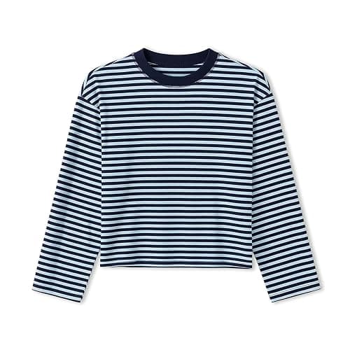Striped Bloom Long Sleeve Shirt for Women Boxy Tee Top Streetwear | Y2k Oversized Crewneck Stripes Baggy T Shirts Stripe Cropped Drop Shoulder Sweater Sweatshirt Fairy Grunge Crop Tops - Image 1