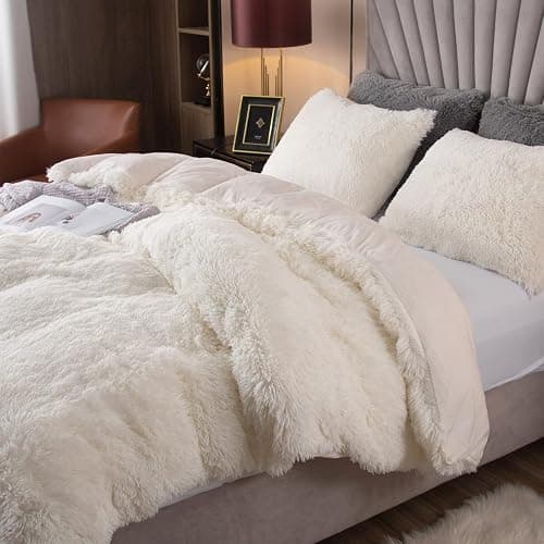EMME Plush Shaggy White Duvet Cover Set Queen Size 3 Pieces Luxury Fuzzy Comforter Cover Set, Soft Faux Fur Fluffy Winter Bedding Set (White, Queen) thumbnail 4