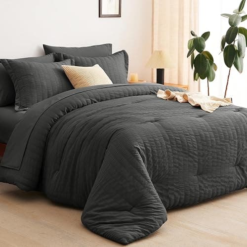 CozyLux Full Size Comforter Sets with Sheets Seersucker 7 Pieces Dark Grey Bed in a Bag Textured Luxury Soft Bedding Set with Down Alternative Comforter, Sheets, Pillowcases & Shams for All Seasons thumbnail 9