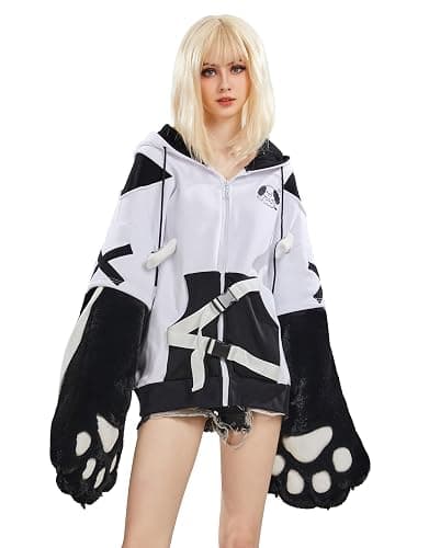 Micotaku Women's Pullover Hoodie Sweatshirt with Detachable Furry Dog Paw Gloves Cute Handbag - Image 1