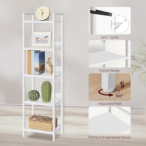 MAHANCRIS Bookshelf, 5-Tier Bookcase, Standing Book Shelf for Small Space, Storage Shelf Organizer, for Living Room, Bedroom, Study, Balcony, White BKBW5501 thumbnail 5