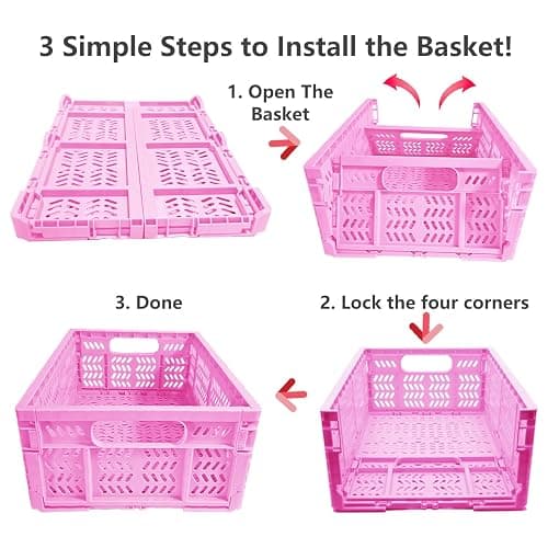 PTEREIW 20L Folding Crate, 4Pack Plastic Storage Baskets Organizer and Milk Crates,Collapsible Storage Crates for Home Office and Outdoor Organizer.(Pink) thumbnail 4