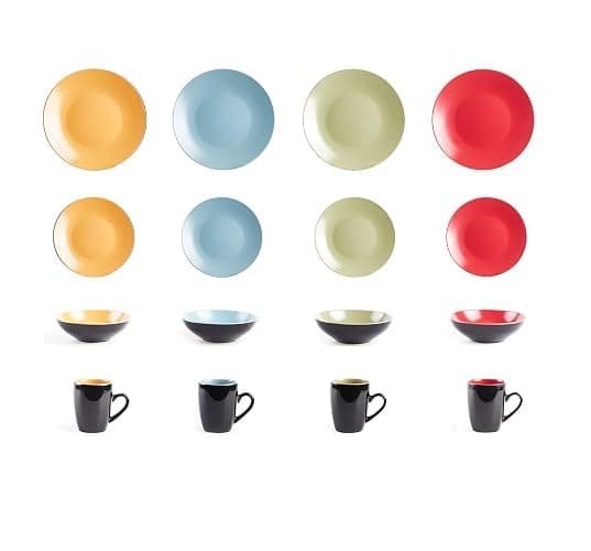 HomeVss Stoneware Two-Tone Colors Life 16pc Dinnerware Set，Outside Shinny Black + Inside Matte Finished Very Funny - 4 Assorted Colors Turquoise, Olive, Curry and Red thumbnail 4