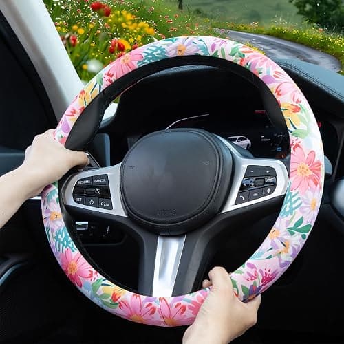 60s Multicolored Ditsy Vintage Flowers Steering Wheel Cover Auto Steering Wheel Protector, Anti-Slip, Breathable, Absorbing Sweat, Universal Car Accessories 14.5–15 inch,Fit for Most Car, Trucks, SUV - HTFXPT4 thumbnail 3