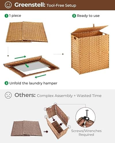 Greenstell Laundry Hamper with lid, No Install Needed, 110L Wicker Laundry Baskets Foldable 2 Removable Liner Bags, 2 Section Clothes Hamper Handwoven Rattan Laundry Basket with Handles, Natural thumbnail 6