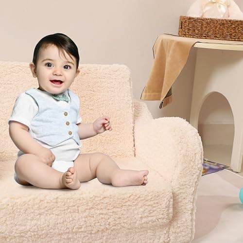 MOMCAYWEX Kids Sofa, 2-in-1 Flip-Out Foam Couch with Soft Sherpa Cover, Cozy Play Lounge Chair, Cream thumbnail 4