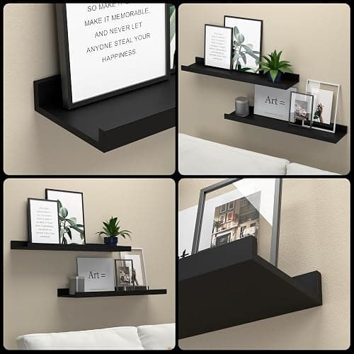 RICHER HOUSE 3-Set Floating Shelves with Lip, Black Small Wall Shelf, 16In | Display Picture Ledge Shelf, Anti-drop lip Shelf for Room Wall Decor, Bedroom Bathroom Storage Nursery Books, Easy Setup,Wood thumbnail 6