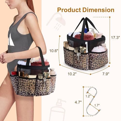 F-color Mesh Shower Caddy Portable - Shower Bag for College Dorm, Leopard | Quick Dry, with S Hook, College Dorm Room Essentials for Camp, Gym, Travel, Freshmen, Camping, Bathroom, Shower Tote thumbnail 5