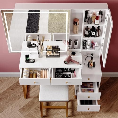 Wildhome Vanity Set with Lighted Mirror and Charging Station, Extra Large Mirror Makeup Vanity Table with Cushioned Stool,5 Drawers, Modern Vanity Table with Nightstand thumbnail 4
