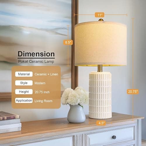PoKat 20.75" Small Modern Ceramic Table Lamps Set of 2 for Bedroom, White Bedside Lamps for Night Stands, Farmhouse Desk Decor Gift Nightstand Table Lamps for Living Room End Table Beige thumbnail 3