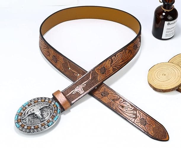 Western-Cowboy-Leather-Belts for Women Turquoise-Oval-Buckle Embossed Cowgirl Belt for Jeans Pants Fit for 27"-41" thumbnail 6
