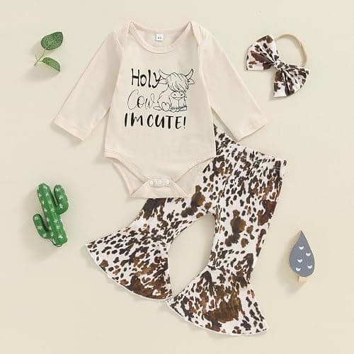 Chloefairy Western Baby Girl Fall Clothes Holy Cow I'm Cute Romper Bell Bottoms Flare Pants Set 3Pcs Infant Cowgirl Outfit thumbnail 2