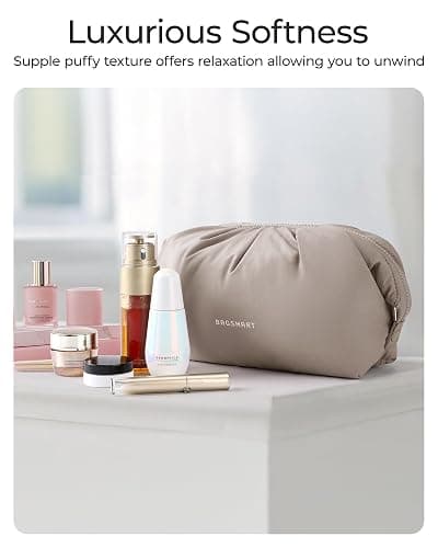 BAGSMART Makeup Bag Travel Makeup Bag, Cute Make Up Bag, Large Capacity Cosmetic Bags for Women, Wide-open Makeup Pouch Travel Essentials Toiletries Accessories Brushes (Camel) thumbnail 2