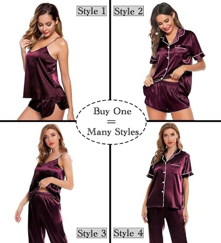 SWOMOG Womens Silk Satin Pajamas Sets 4pcs Sleepwear Sexy Cami Shorts Set and Button Down Short Sleeve Pjs Loungewear thumbnail 2