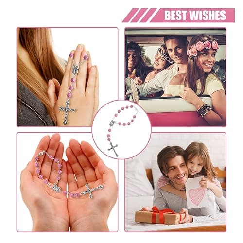 smilfuy 2PCS Car Rosary for Rearview Mirror, Pink Rosary Pendant Car Interior Rear View Mirror Charm Auto Decors, Car Medal and Cross Personalized Hanging Accessories for Women Men (Rose) thumbnail 6