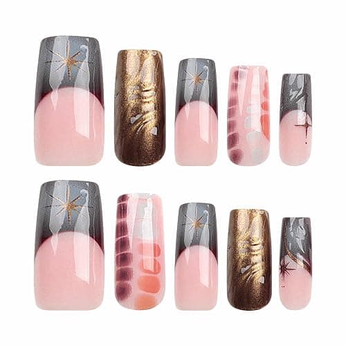 BABALAL Square Press-on Nails - Long Fake Nails with French Tip, Glue-on with 3D Water Wave Designs, Squoval Tips - 24pcs Set of Brown Chrome Acrylic False Nails Y2k Style for Women and Girls thumbnail 2