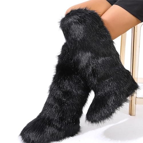 YXCFEWD Faux Fur Boots for Women Winter Knee High Furry Boots Fuzzy Fluffy for Girls Flat Snow Long Boots thumbnail 6