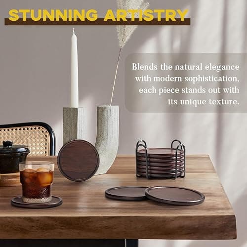 Wood Coasters with Metal Holder, GOH DODD Set of 6 Wooden Coaster Tabletop Protection Living Room Decor for Drinks Coffee Table Home Kitchen Office Bar Housewarming Gifts Wedding Party, 4 Inch thumbnail 4
