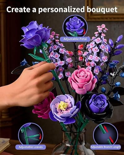TYCOLE Flowers Bouquet Building Set - Purple Roses Botanical Collection Building Blocks for Adult Women, Artificial Flowers Gothic Home Decor Christmas Birthday Gift for Adults Kids Girls 6-12 thumbnail 6
