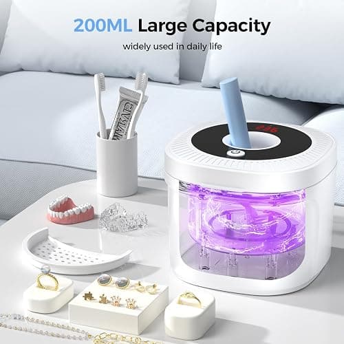 Ultrasonic Retainer Cleaner, Upgraded 48kHz Dental Cleaner Machine for Braces, Mouth Guard Cleaner, Toothbrush Heads, Jewelry, 4 Modes Retainer Cleaner with 200ML Capacity (White) thumbnail 6