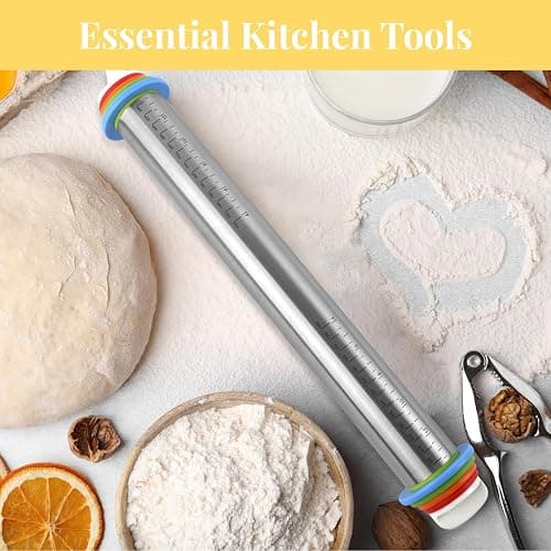 Adjustable Rolling Pin with 4 Thickness Rings for Baking, 17” Stainless Steel Dough Roller with Clear Measurement Markings for Pizza, Fondant, Pie, Cookies, Baking Supplies, Pastry, Pasta thumbnail 7