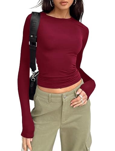 Long Sleeve Shirts for Women - Casual Y2K Printing Crop Tops Crewneck Slim Fit T-Shirt Tees - Image 1