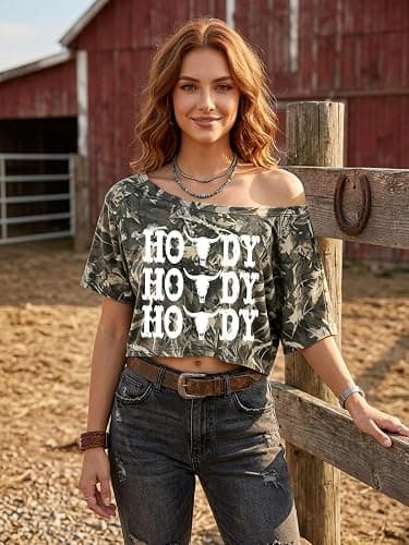 Women's Off The Shoulder Crop Top Short Sleeve Western Cowgirl Graphic Tees | Off The Shoulder Western Tops For Women, Retro Vintage Cow Skull Graphic T Shirt, Asymmetrical Y2k Loose Casual Tee Tops thumbnail 3