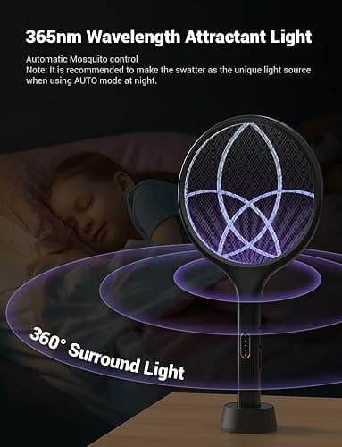 YISSVIC Electric Fly Swatter 4000V Bug Zapper Racket Dual Modes Mosquito Killer with Purple Mosquito Light Rechargeable for Indoor Home Office Backyard Patio Camping (Black-1 Pack) thumbnail 4