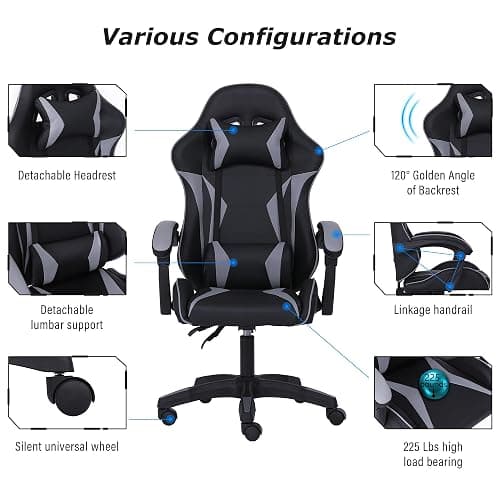 Millhouse Sport Desk Chair with Adjustable Lumbar Support and Head Pillow, X3577 (Grey) thumbnail 4