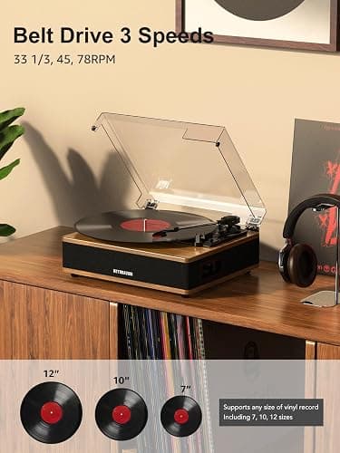 Vinyl Record Player Bluetooth Turntable with Built in Stereo Speakers Belt Drive 3 Speeds Vintage Turntables for Vinyl Records Support RCA Output, Aux in, Auto Stop, Light Walnut thumbnail 2