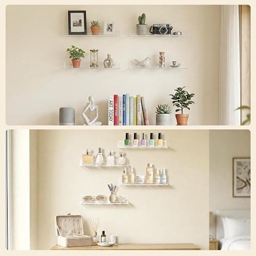 Lifewit Floating Shelves for Bathroom, Acrylic Display Shelf Wall Mounted for Makeup, Skincare, Nail Polish, Book, 14" Perfume Organizer for Bedroom, Living Room, Nursery, Home Decor, Clear, 4 Pack thumbnail 8