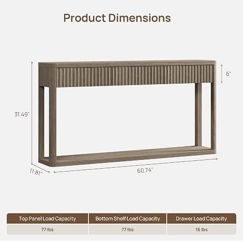 SICOTAS Entryway Table with Storage, 60.74" W Console Table with 3 Fluted Drawers and Shelf, Modern Narrow Long Accent Sofa Table Behind The Couch for Hallway, Entrance, Living Room, Foyer, Grey Alder thumbnail 2
