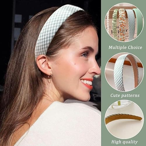 YONOY 7Pcs Fashion Headband Set for Women & Girls with Different Designs - Non Slip Floral, Pearl and Vintage Wide Headbands (Green) thumbnail 3