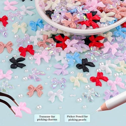 600 Pcs Bow Nail Charms and Flatback Pearls Set 2, 11 Colors Shiny Cute Bow Charms Nail Jewels and 2-4mm White Nail Pearls for Nail Art DIY Decoration with Pickup Tools thumbnail 3