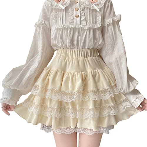 Lolita flauschiger Rock mit Shorts, für Teenager, Mädchen, Mini-Kawaii-Spitze, gestufte Rüschen, hohe Taille, flauschiger Faltenrock - Image 1