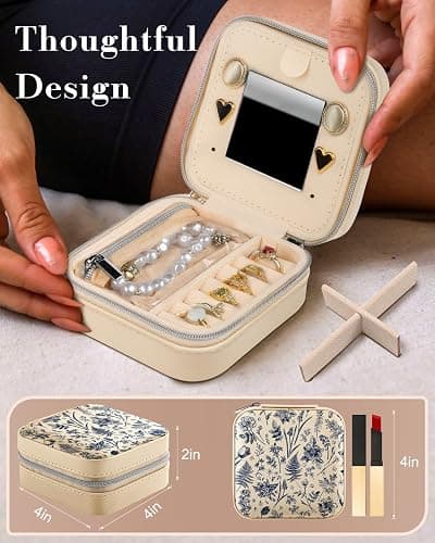 Bistup Travel Jewelry Case - Small Jewelry Organizers and Storage Box for Women Girls Teens Cute Traveling Jewelry Holder with Mirror Little Tiny Compact Modern Unique Aesthetic Pretty, Blue Floral thumbnail 3