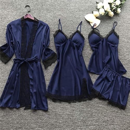 YMAMIYO Lace Pajama Set With Robe Plus Size 4pcs Satin Nightgowns With Slit Silk Camisole Tops & Shorts Belted Matching Pjs thumbnail 2