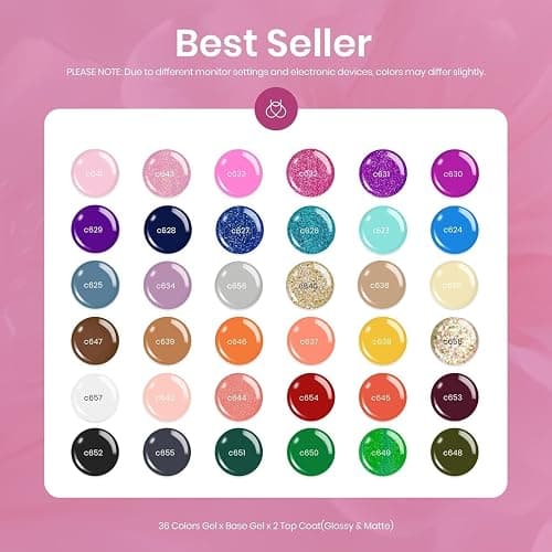 Beetles Fall Gel Nail Polish Set, 36 Colors Gel Polish Set Sparkle Red Pink Glitter Black Nail Kit Free Journey Collection with 3Pcs Base Top Coat Soak off Uv Gel Polish Manicure Kit thumbnail 2