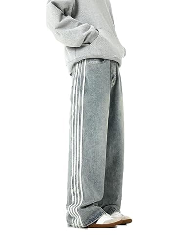 Mens Baggy Denim Jeans Casual Striped Pants Straight Wide Leg Jeans Oversized Hip Hop Pants Vintage Skater Track Jeans thumbnail 2
