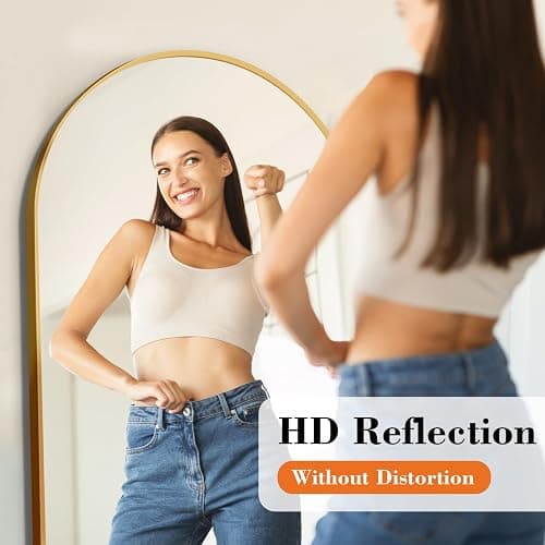 DUMOS 63.6"x20.6" Arched Full Length Mirror with Stand Floor Free Standing Aluminum Frame for Bedroom Body Hanging Leaning Modern Simple Home Decor Shatter-proorf Nano Glass Wall, Gold-Rounded thumbnail 3
